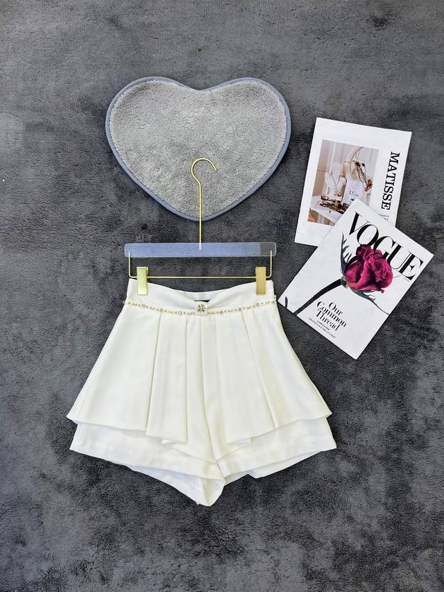 设计款重工手工订珠镶钻高腰阔腿裤百褶裙裤时尚设计感气质百搭西装短裤 白色 黑色 Smlp