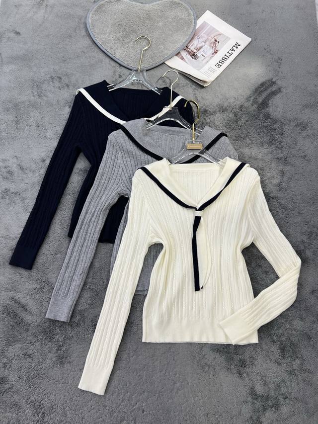 上新 领带披肩款修身长袖毛衣 黑 白 灰 蓝 红 Smlp