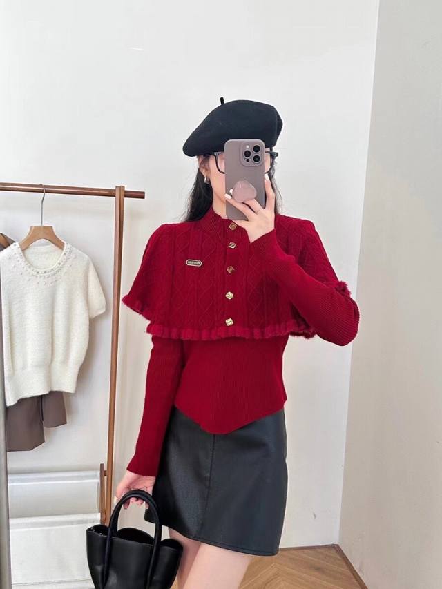 设计感流苏斗篷披肩毛衣两件套 Smlp