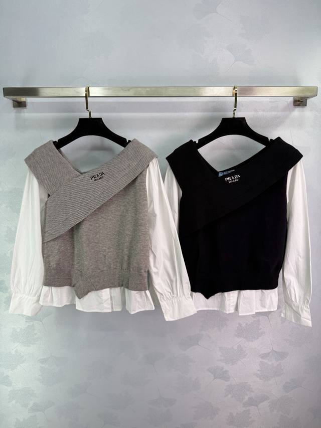 pr*25早秋新款假两件针织衫 内搭白色衬衫裙袖 大身针织背心拼接 胸前Logo字母刺绣 简约大气 修身显瘦 搭配裙子裤子都很百搭！2色3码Sml