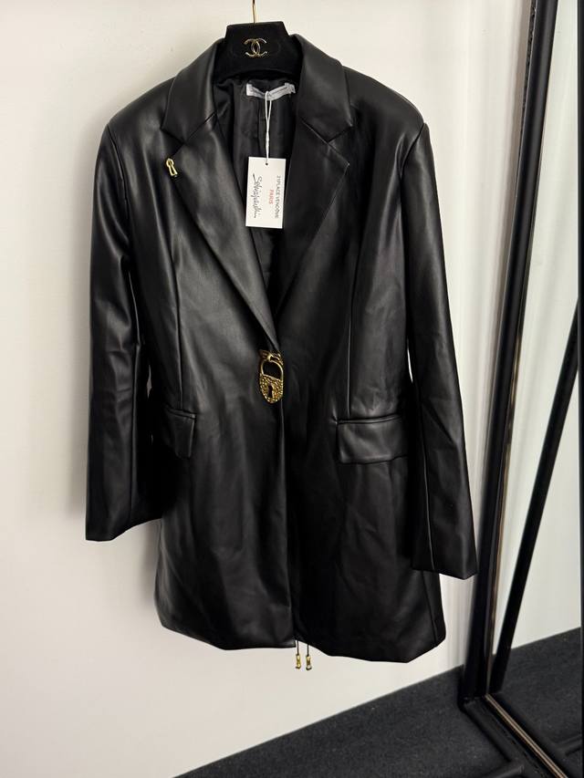 款号20257457 Schiaparelli*新款 后背金扣绑带收腰设计 金锁扣长袖pu皮衣中长款西装外套，黑色，Sml， M码：肩宽41，胸围108，袖长6