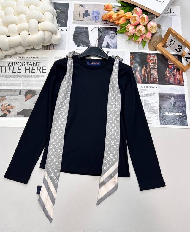 Louis Vuitton2025新款丝巾长袖上衣，定制Yb斜纹全棉材质 质感舒适细腻 透气十足 圆领长袖上衣版型 常规版型裁剪 利落修身 通体素色百搭耐看 领