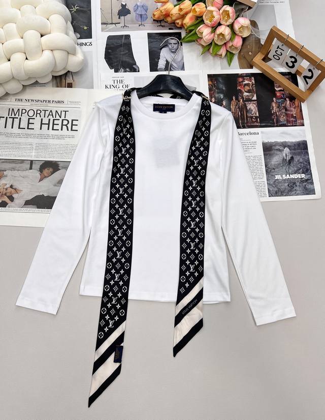 Louis Vuitton2025新款丝巾长袖上衣，定制Yb斜纹全棉材质 质感舒适细腻 透气十足 圆领长袖上衣版型 常规版型裁剪 利落修身 通体素色百搭耐看 领