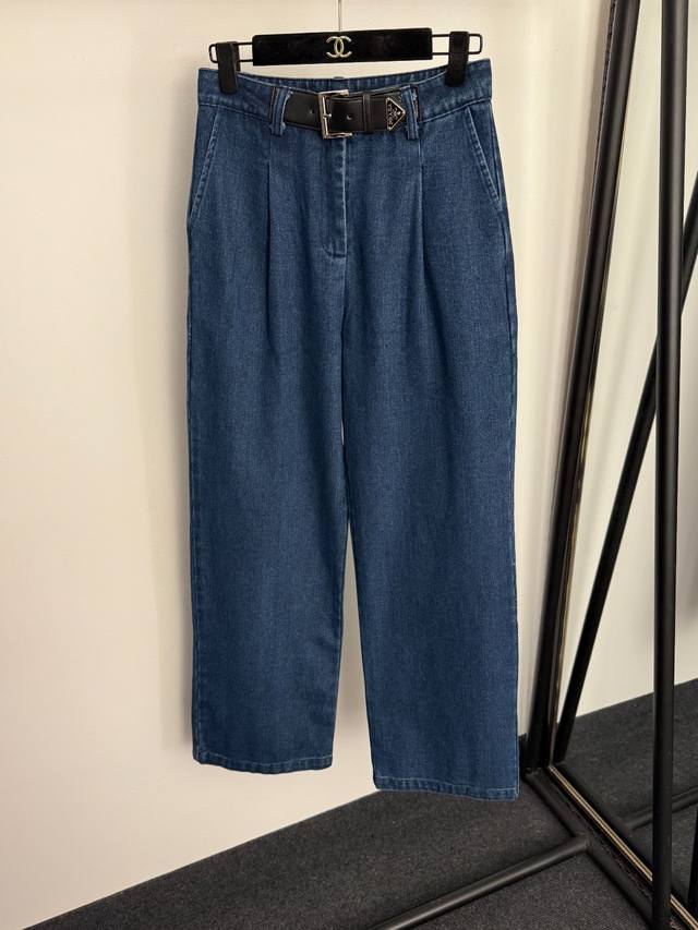 款号20257419 prad*新款 三角标皮扣高腰直筒牛仔长裤，蓝色，Sml， M码：腰围70，长107