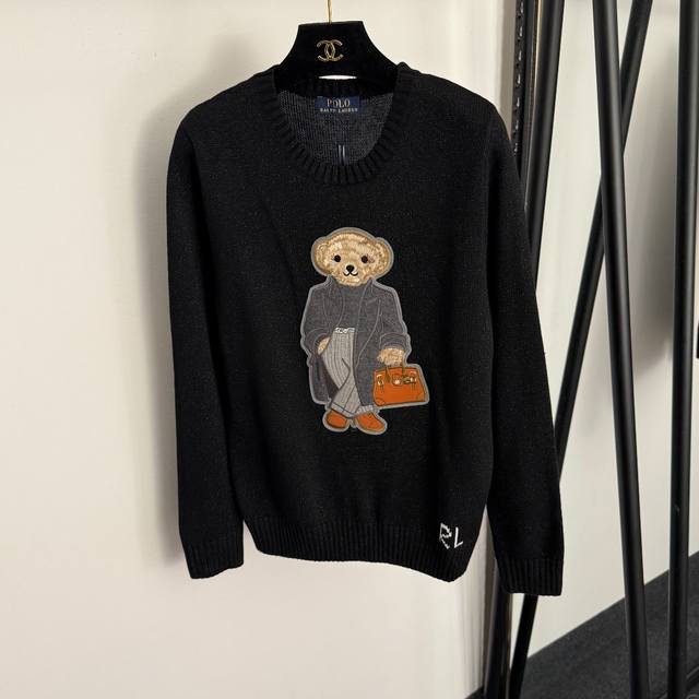 款号20257392 Ralph Laure*拉夫劳伦新款 灰色大衣小熊刺绣贴布套头长袖针织衫，米白色，灰色，杏色，黑色，Sml， L码：肩宽38，胸围96，袖