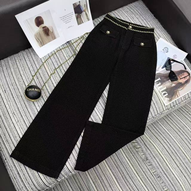 强烈推荐 25年早秋冬系列 Cha*新款小香风西装阔腿裤 链条腰部设计 双C Logo口袋点缀 两色Smlxl .