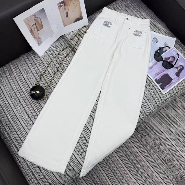 强烈推荐 25年早秋冬系列 Cha*新款亮片双C刺绣口袋 雪尼尔流苏直筒裤 Sml