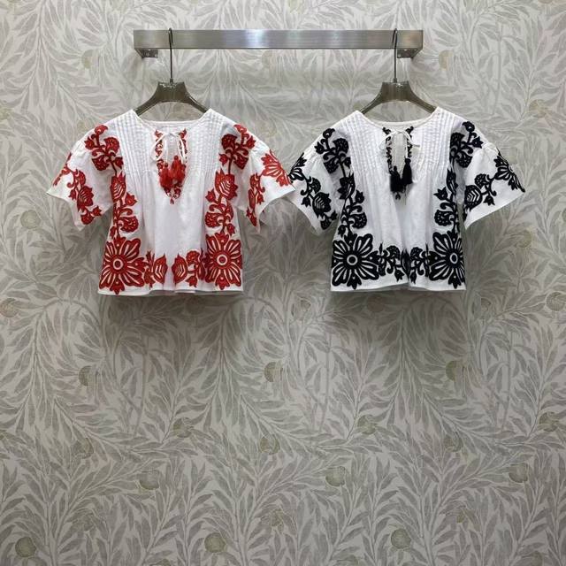 Di2026 Sp 苎麻刺绣上衣 精品苎麻透气舒爽，红白 黑白撞色重工刺绣，抽绳流苏+泡泡袖，复古又清新，适配春夏穿搭。颜色:黑色和红色，面料:精品苎麻面料 S