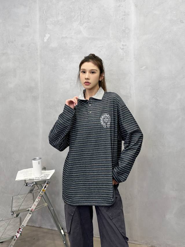 克罗心 ｜ 新款长袖T，成衣洗水印花工艺，polo款式设计，特殊条纹面料，男女同款，尺码Sml