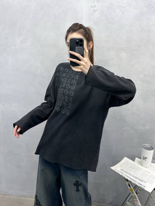 克罗心 ｜ 新款长袖T，成衣洗水炒色吊磨工艺加成衣印花，经典华夫格面料，男女同款，尺码Sml