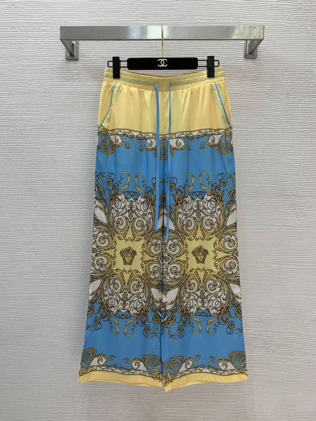 裤子 Versac*新款 宫廷风复古时尚美杜莎头像印花 两侧插口袋宽松休闲阔腿裤长裤！粉色、蓝色、 M码：腰围68松紧，臀围100，裤长94