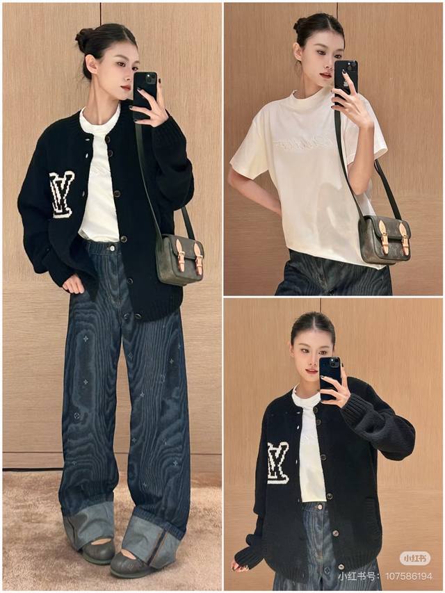 男女同款Louis*驴家Lv新款 高端定制绵羊毛混纺颗粒感纱线面料、字母Logo纽扣门襟圆领长袖针织开衫外套上衣！黑色， M码：肩宽39，胸围96，袖长62，衣