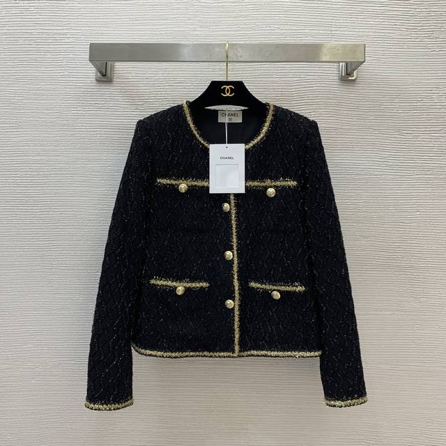 Chane*L新款高端定制 高级感闪丝金线编织菱格波纹短款长袖圆领小香风外套！黑色， M码：肩宽37，胸围98，袖长59，衣长54