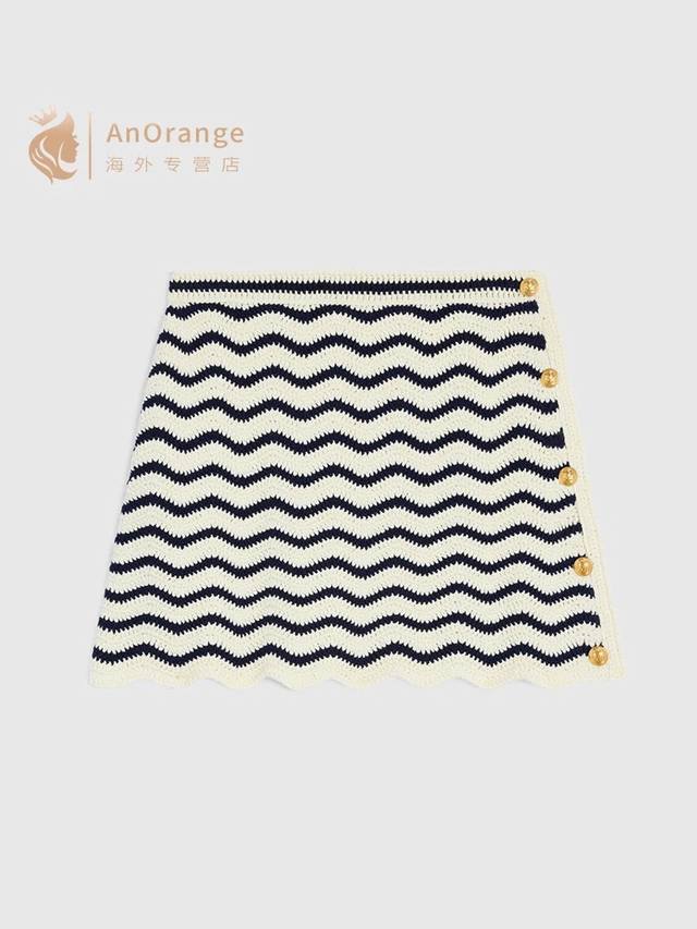 半裙 Celin*新款高端定制 侧边单排扣金扣藏蓝色波纹撞色条纹A字针织短裙半身裙！ M码：腰围60～72，裙长41