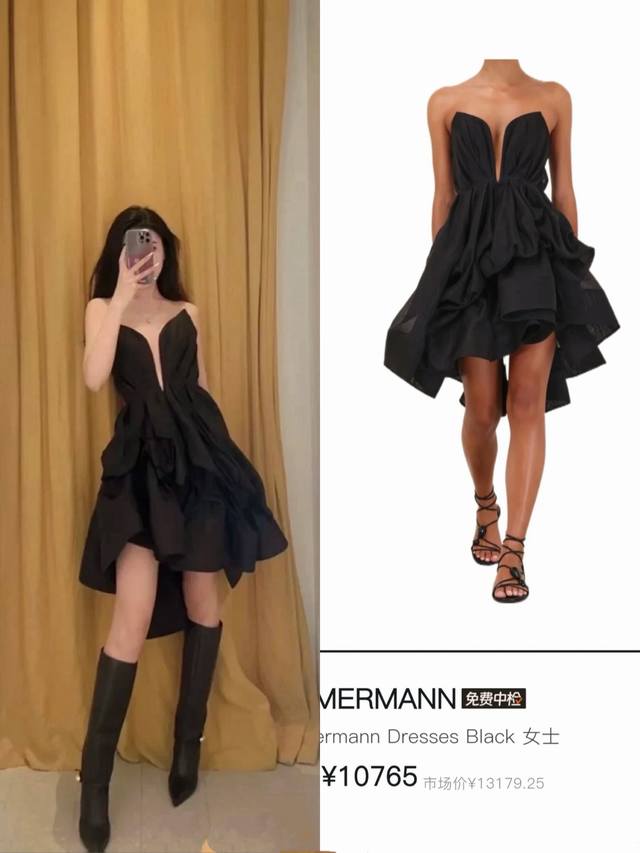 Zimmerma*N兹默曼澳洲品牌 高端定制垂褶层叠设计花瓣抹胸式礼服裙、不规则收腰显瘦蓬蓬连衣裙！黑色、1.2.3.4 Smlxl 1码：胸围78～86，腰围