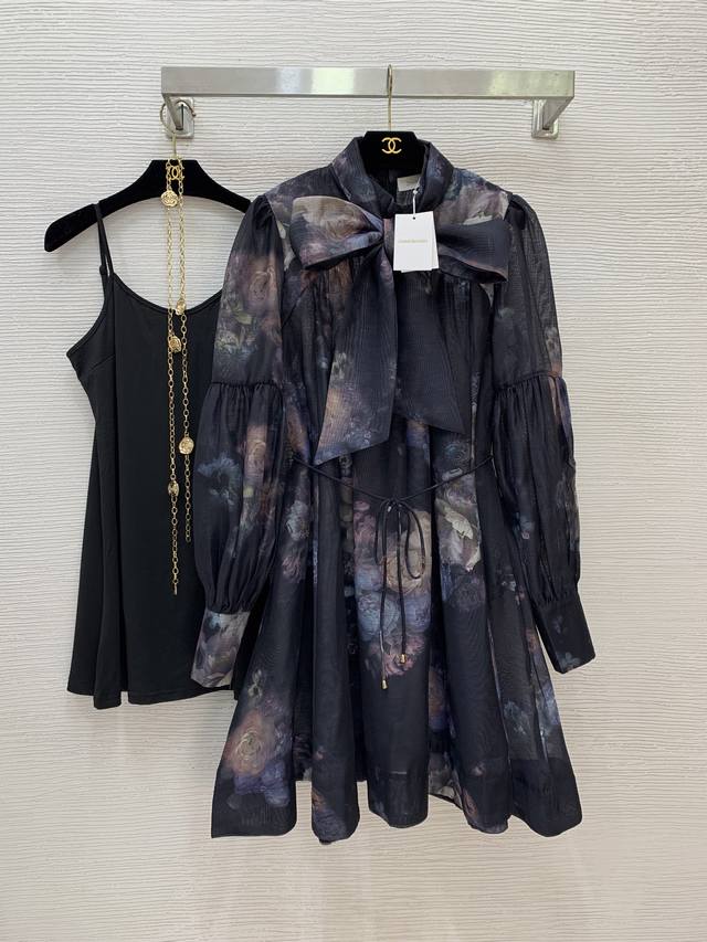 Zimmerma*N 兹默曼澳洲品牌 高端定制水墨晕染花卉印花灯笼袖拼接宽松时尚搭配腰带收腰显瘦立领长袖连衣裙！黑色，1.2.3.4 Smlxl 2码：胸围10