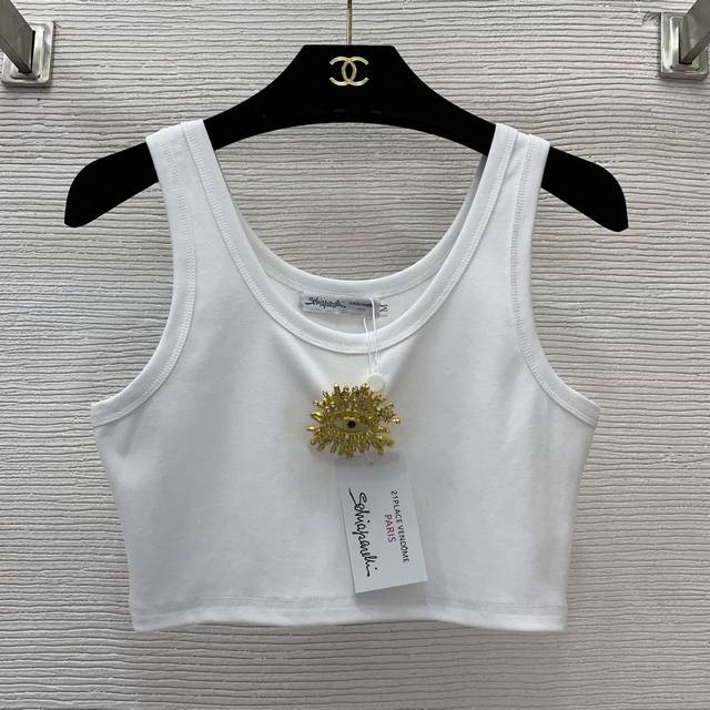 Schiapare*Li夏帕瑞利新款 金色眼睛胸针装饰短款百搭小背心织带腰拼接高弹力修身踩脚打底裤！白色、黑色、 M码：胸围72，衣长35；腰围64弹力，裤长8