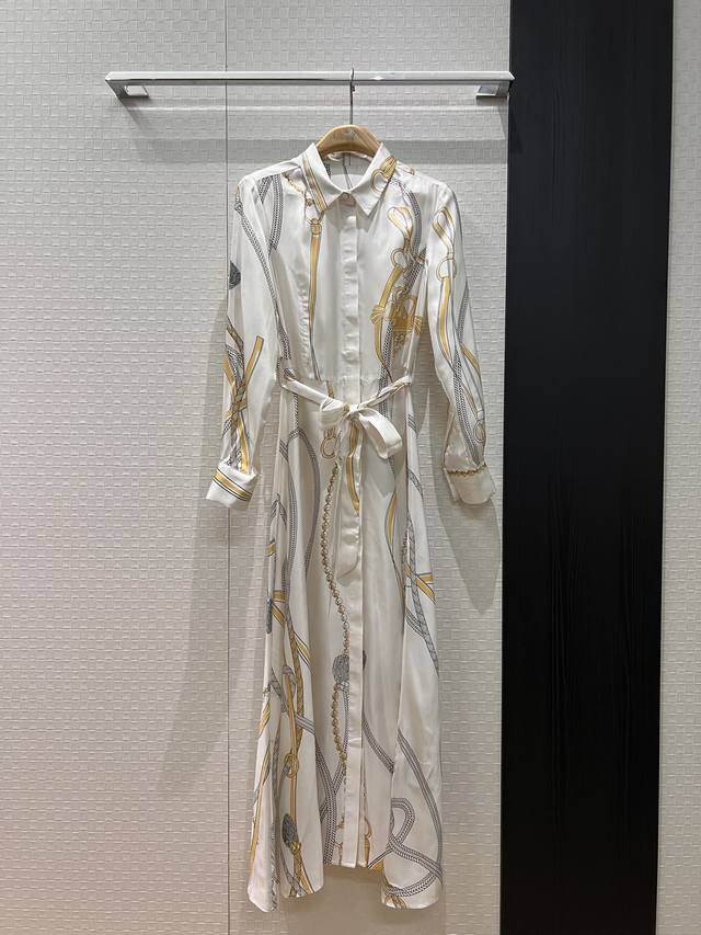 新款定位印花真丝斜纹长裙 连衣裙 重磅真丝衬衣裙 系腰带收腰显腰简约时髦 气质通勤名媛气质 黑色粉色白色 S-Xl