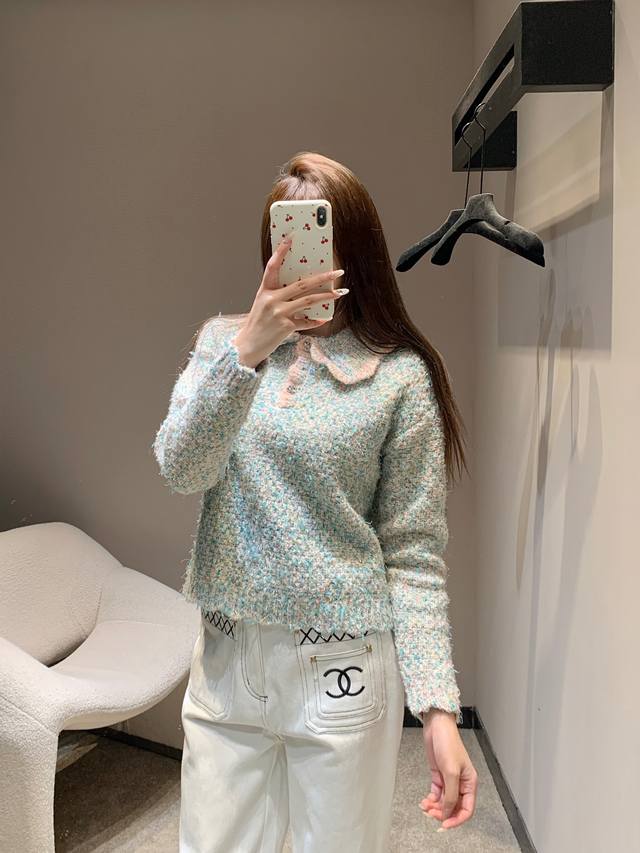 Chane* 25K高级手工坊系列 钻扣娃娃领针织衫丨独家高版出品！手工混纺彩纱+立体毛绒肌理，自带“毛茸茸的呼吸感，薄荷粉彩纱+娃娃领，甜而不腻的高定松弛感，