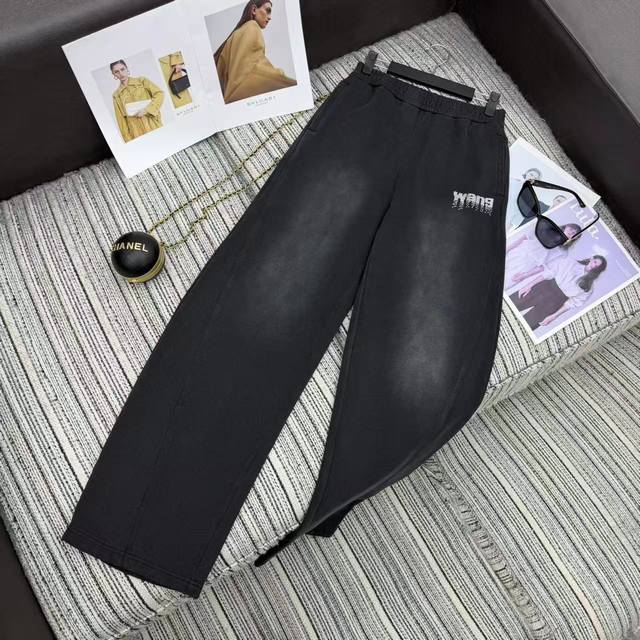 强烈推荐 Alex*新款加绒加厚保暖卫衣弯到休闲裤 设计前后烫钻字母 松紧高腰显瘦 深灰色Sml