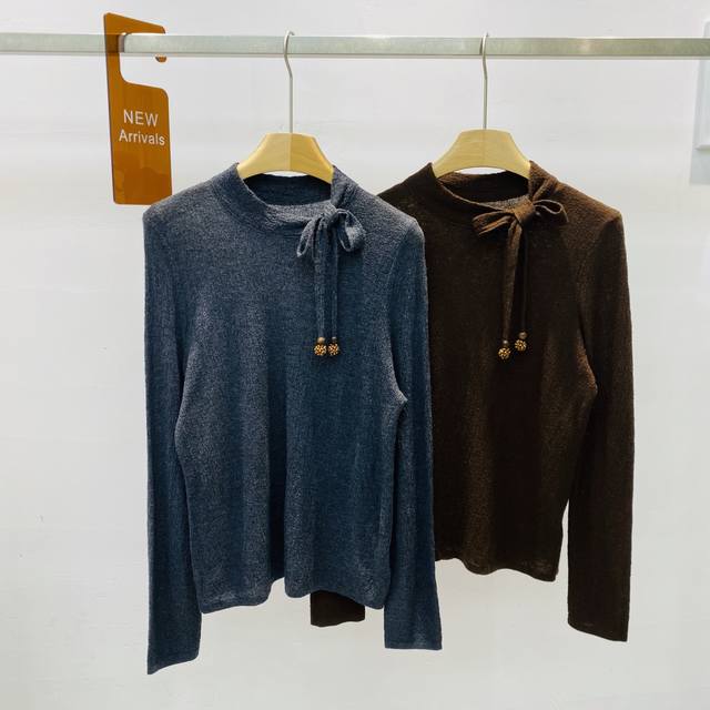 新款立领系带蝴蝶结设计修身简约百搭长袖针织羊毛上衣Sml