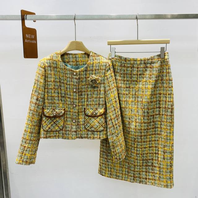 新款圆领长袖山茶花小香风粗花呢外套半身裙两件套套装Smlxl