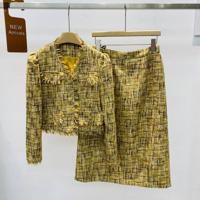 新款定制粗花呢面料小香风外套高腰半身裙时尚减龄百搭套装Smlxl