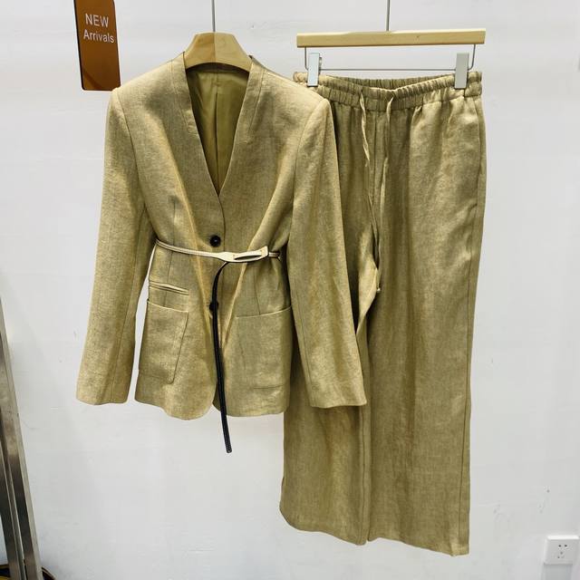 新款通勤风纯色亚麻西装西裤套装配腰带Smlxl