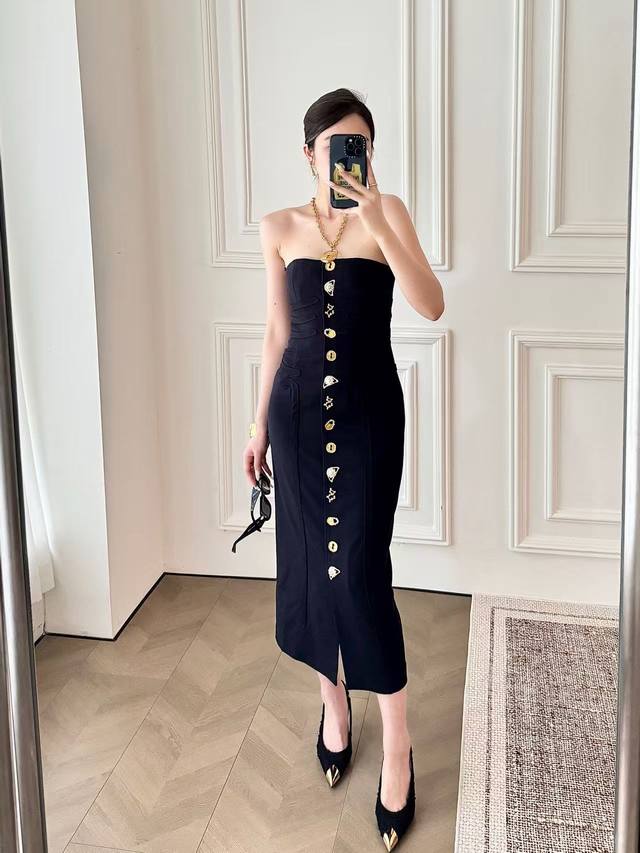 Schiapare*Li夏帕瑞利新款 高级感定制镶钻异形扣系扣前襟修身显瘦抹胸裙西装连衣裙 内置防滑硅胶条 藏青色， M码：胸围86，臀围96，裙长100