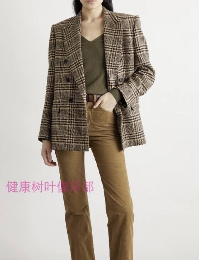 圣罗兰Ysl新款 高端定制100%羊毛纱线面料、领口蛇骨链条装饰双排扣翻盖口袋修身显瘦格纹西装外套！ S码：肩宽40有垫肩，胸围94，袖长59，衣长70