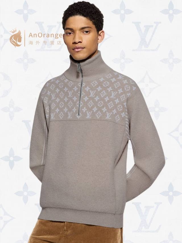 Louis*驴家Lv新款 高端定制100%绵羊毛纱线面料软糯亲肤！做旧古铜Logo拉链头半开拉链门襟老花字母Logo提花拼接条纹宽松百搭翻领长袖针织衫上衣！卡其