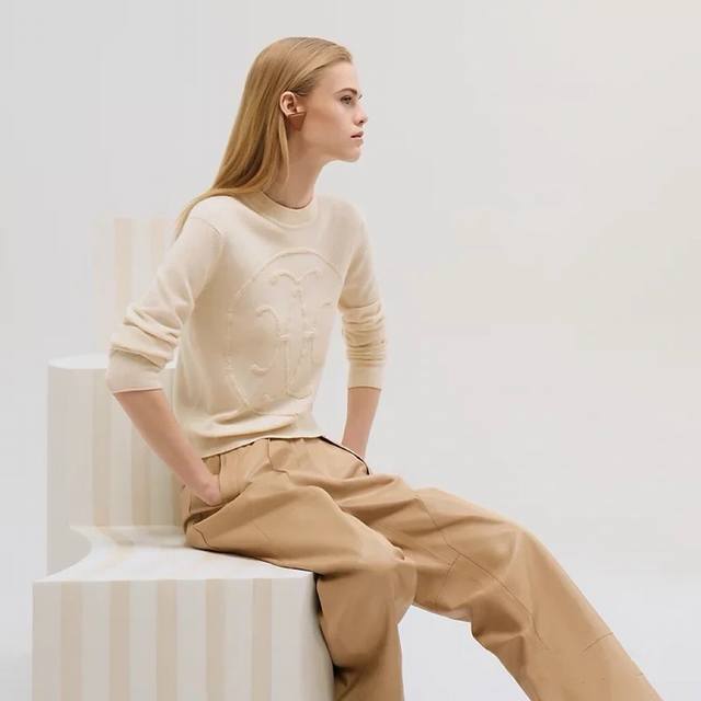 Herme*S新款 高端定制100%山羊绒纱线面料软糯亲肤！H家图案圆圈提花圆领套头长袖针织衫上衣！米白色、红色、驼色、 S码：肩宽37，胸围88，袖长57，衣