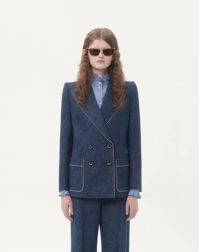 Valentin*O新款 高版本华伦家定制内里通体Logo提花内衬、原版开模定制纽扣撞色包边修身显瘦四粒扣西装外套！藏蓝色， S码：肩宽38有垫肩，胸围88，袖