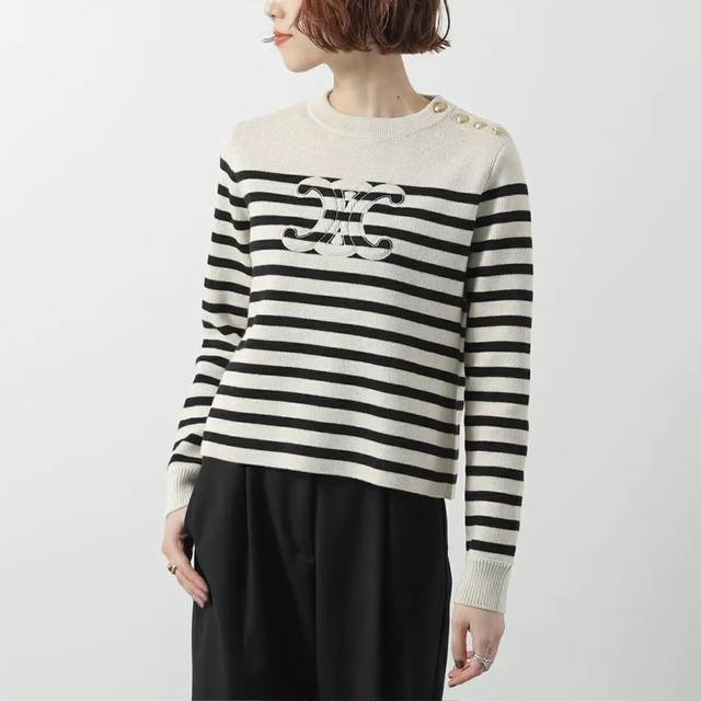 Celin*新款 高端定制经典凯旋门Logo单肩系扣撞色条纹宽松显瘦长袖针织衫上衣！杏色， M码：肩宽38，胸围96，袖长68，衣长61