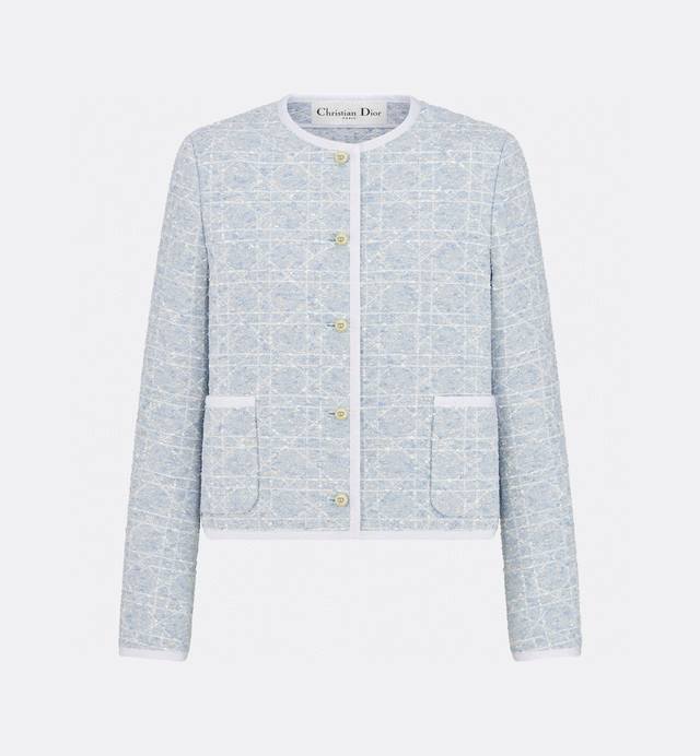 Dio*冬季新款D家高端定制格纹编制颗粒感加厚面料、Cd珍珠纽扣织带包边圆领长袖短款外套上衣！浅蓝色， M码：肩宽39有垫肩，胸围96，袖长59，衣长51