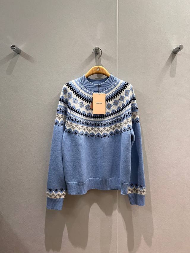 新款苏格兰格提花圆领针织羊毛开衫外套 Baby蓝 费尔岛氛围感 Miu式减龄必备 Sml