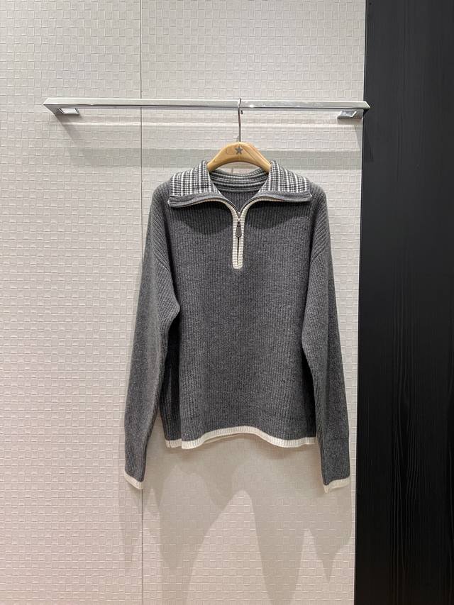 新款条纹翻领针织羊毛上衣 拉链高领 学院风 简单拼色 时尚休闲 气质百搭 黑色灰色 Sml