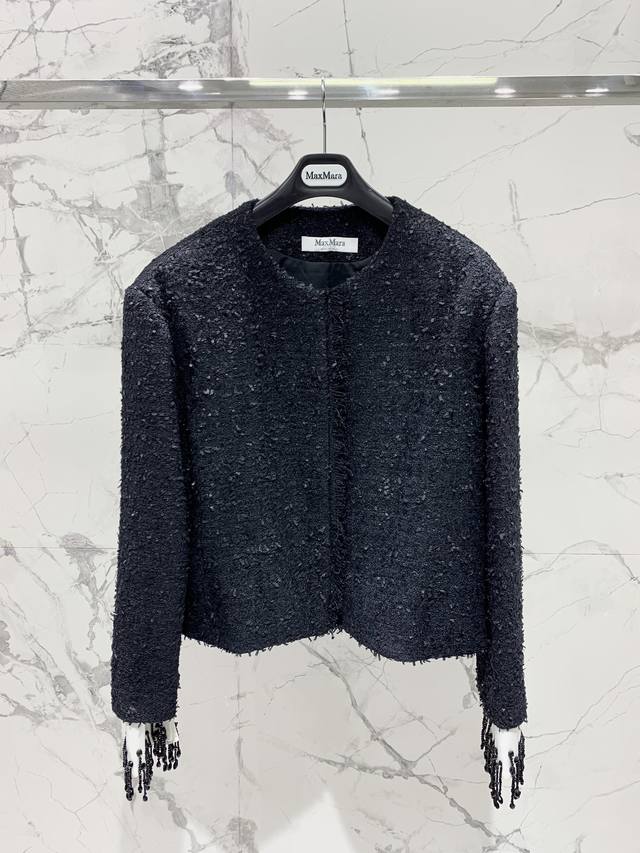 麦克斯家秋冬重工钉珠夹克外套 原版定制进口纱混纺面料_毛巾粗花呢料 门襟毛絮边处理 宽松版夹克 袖口可拆卸真醋酸缎 定制钻链 重工手工流苏装饰～ 独家首发 码数