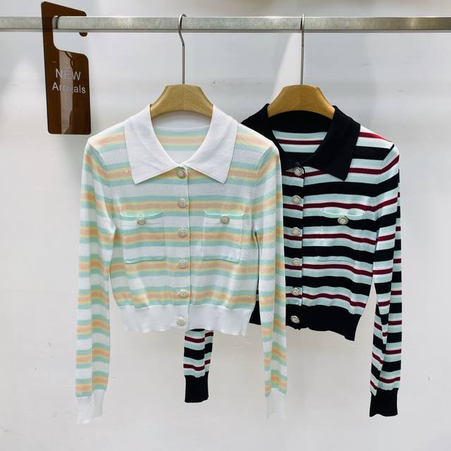 新款Self-portrai*混色设计感翻领条纹针织开衫上衣Smlxl