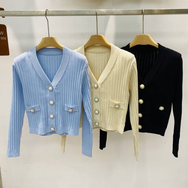 新款重工名媛风长袖针织开衫法式V领修身短款上衣Smlxl
