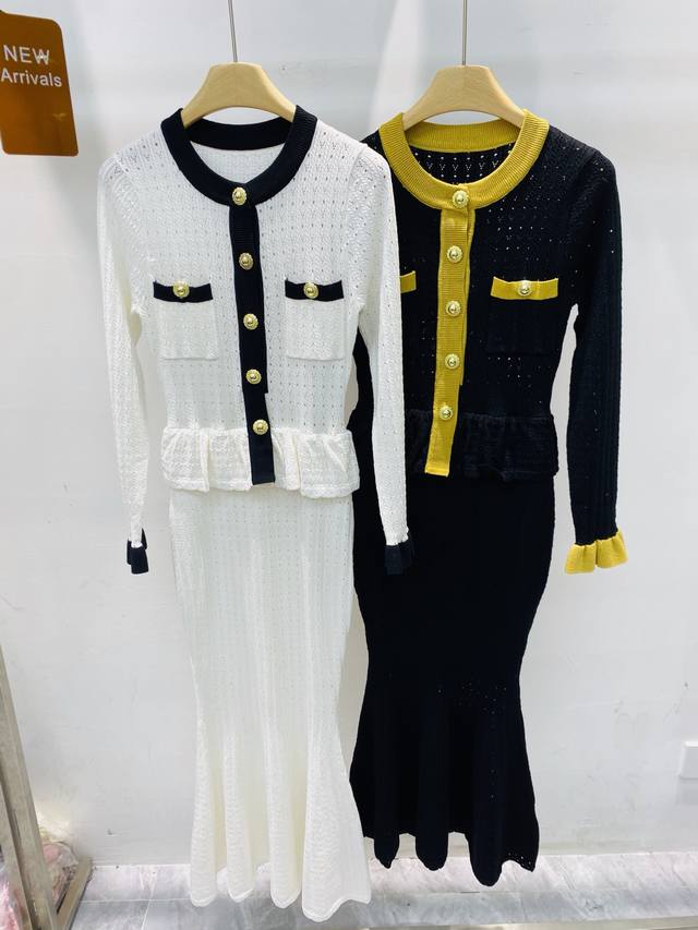 新款Self-portrai*小众设计网眼针织撞色中长连衣裙 Smlxl