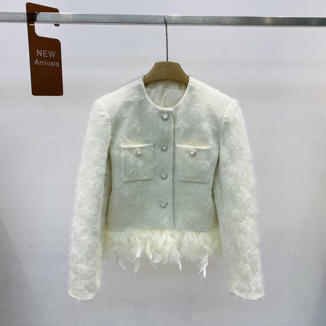 新款轻奢小香风羽毛装饰重工亮片提花修身保暖羽绒服外套上衣Sml