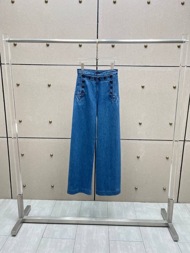 复古高腰撞色红纽扣牛仔裤！棉 Sml