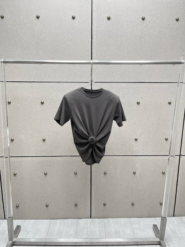 打结纽花垫肩T恤！蚕丝亚麻混纺，染色洗水做旧效果 Sml