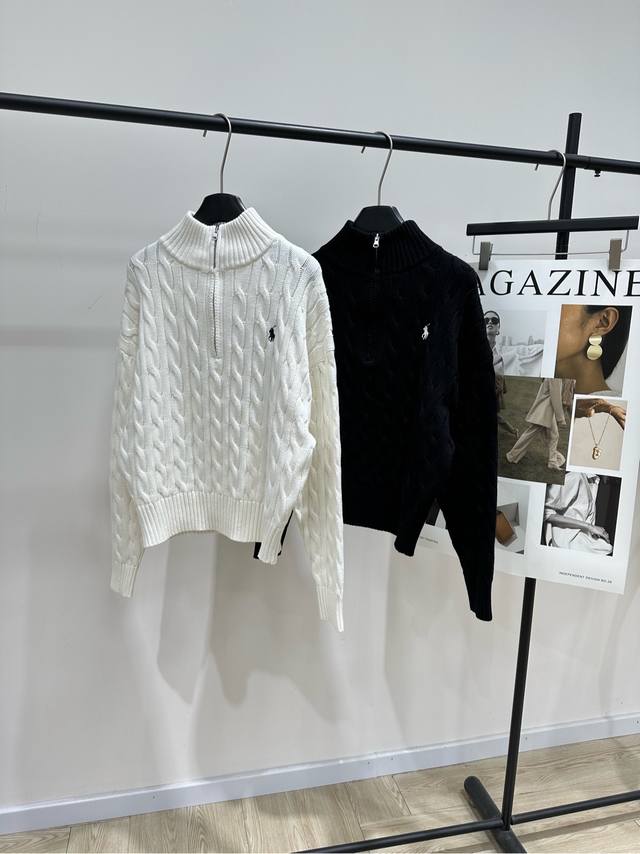 拉夫半拉链小马绞花立领毛衣 ，面料：全棉 颜色：白色、黑色 拉夫劳伦半拉链绞花毛衣 经典麻花纹理半拉链立领设计 复古又实用 全棉材质柔软保暖，秋冬穿超舒服计 胸