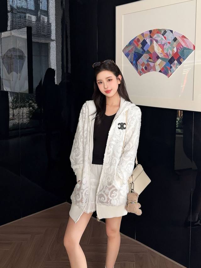 25水溶蕾丝休闲宽松拉链连帽长袖外套高板本Sml