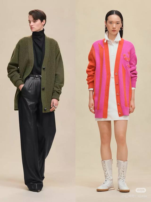 原版Hh 2025秋冬韩新款时尚马术主题羊绒开衫，柔软羊绒材质，米色和粉橙撞色设计，胸前马蹄铁和马镫刺绣超有辨识度计。V领不规则纽扣，细节满分，Oversize