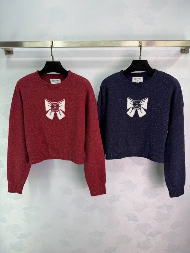 Ch*25秋冬新款蝴蝶结提花毛衣，柔软针织面料，秋冬穿超舒服2色3码Sml T226B