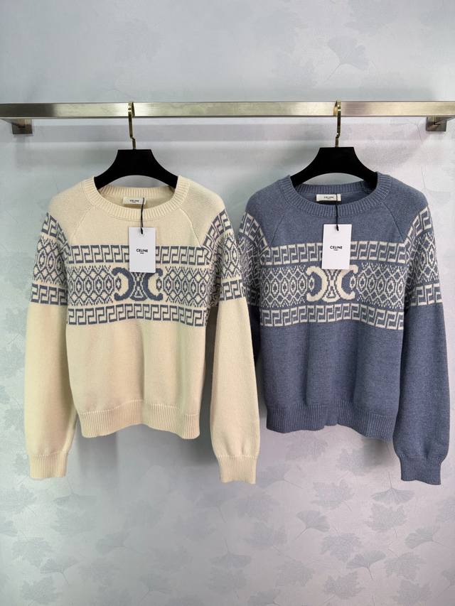 Celin*2025秋冬新款重工钩花圆领套头毛衣！定制羊毛针织材质 质感高级 舒适柔软 圆领长袖毛衣 领口袖口螺纹包边与衣摆相呼应 环脖延伸至前胸费尔岛北欧风格
