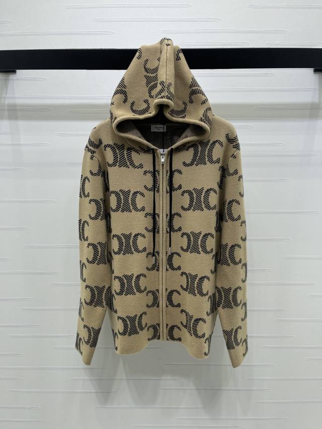 Celin*2025秋冬最新系列！凯旋门连帽抽绳针织开衫！定制羊毛针织材质 质感高级 舒适宜人 拉链连帽外套剪裁 落肩设计 增添造型感 全开襟拉链便于穿脱 大身